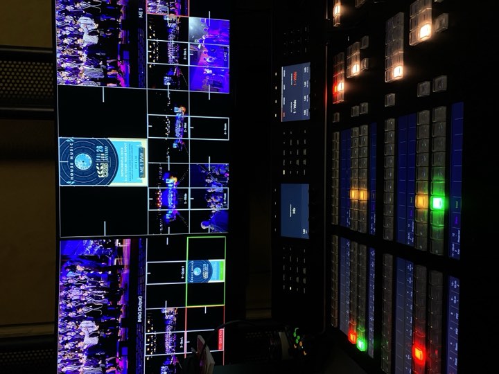 The vision mixer desk lit up during a live show