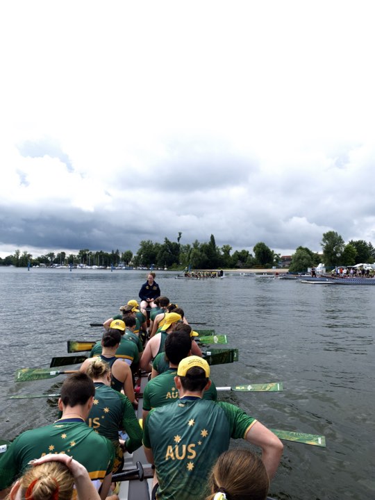 The view from the stern down the length of the dragon boat