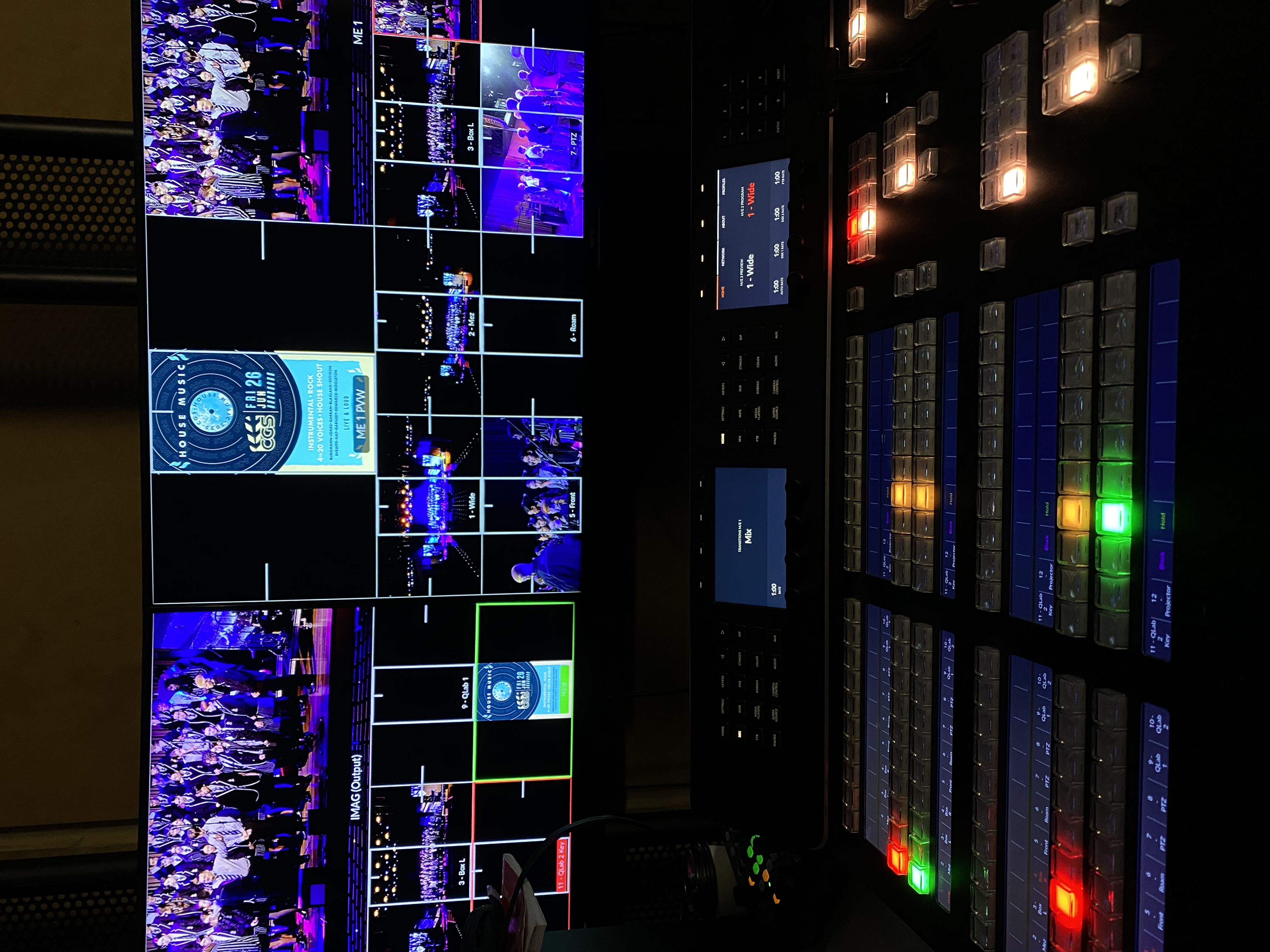 The vision mixer desk lit up during a live show β rows of glowing buttons and a wall of multicam feeds
